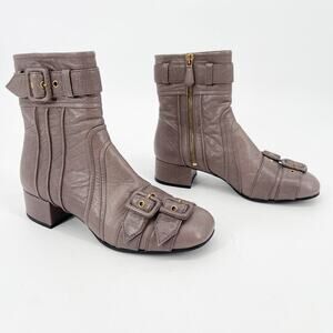Prada F/W 2017 Dove Gray Multi Buckle Moto Grunge Square Toe Ankle Boot IT 37.5